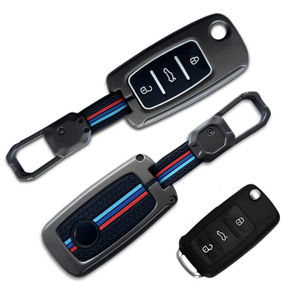 LzzyRide Premium Metal Car Key Cover Compatible with Volkswagen Taigun Facelift Smart Key (3 Button) | 360° Full Protection Zinc Alloy Key Case with Premium Keychain