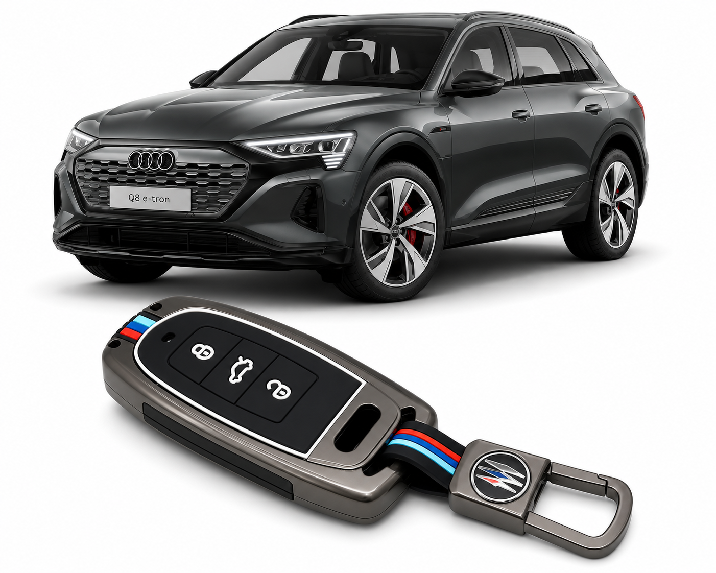 LzzyRide Premium Metal Key Cover Compatible with Audi Q8 e-tron Smart Key | 360° Full Protection | Zinc Alloy Luxury Key Case