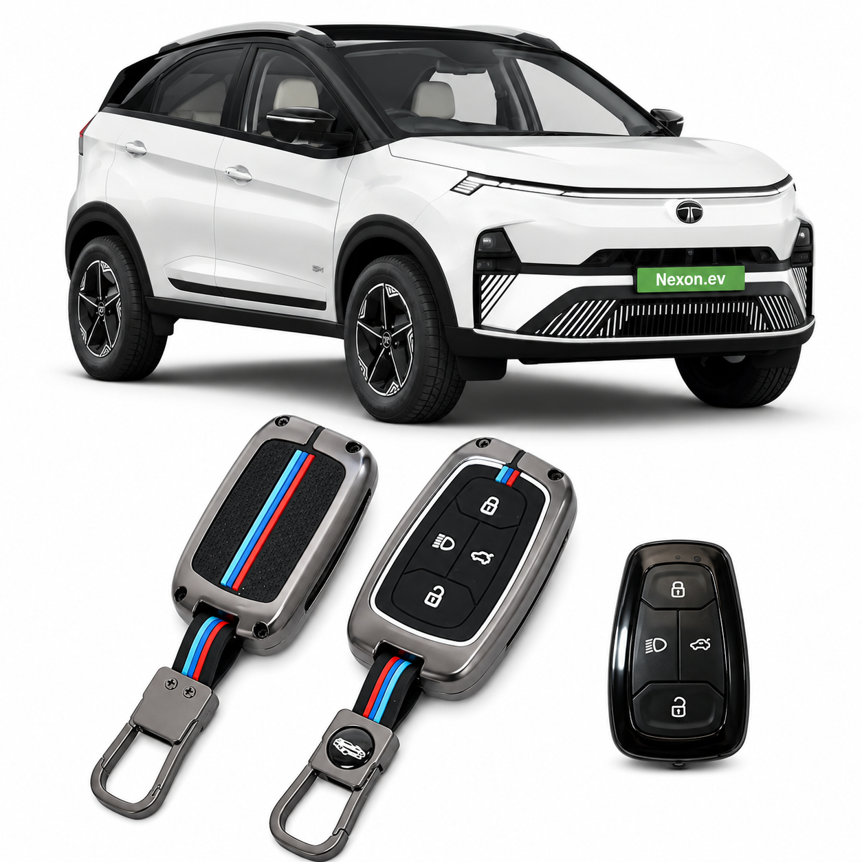 LzzyRide Premium Metal Key Cover Compatible with Tata Nexon EV Facelift Smart Key | 360° Full Protection | Zinc Alloy Luxury Key Case