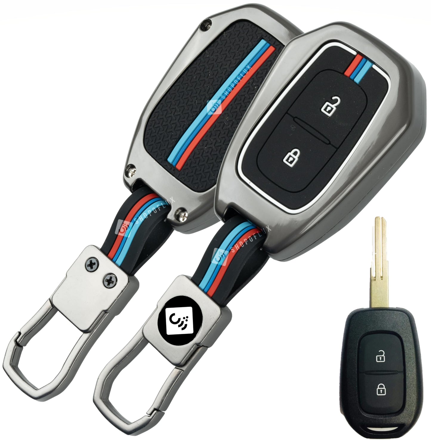 LzzyRide Premium Metal Car Key Cover Compatible with Renault Kwid Smart Key (3 Button) | 360° Full Protection Zinc Alloy Key Case with Premium Keychain