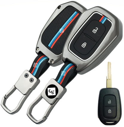 LzzyRide Premium Metal Car Key Cover Compatible with Renault Kwid Smart Key (3 Button) | 360° Full Protection Zinc Alloy Key Case with Premium Keychain