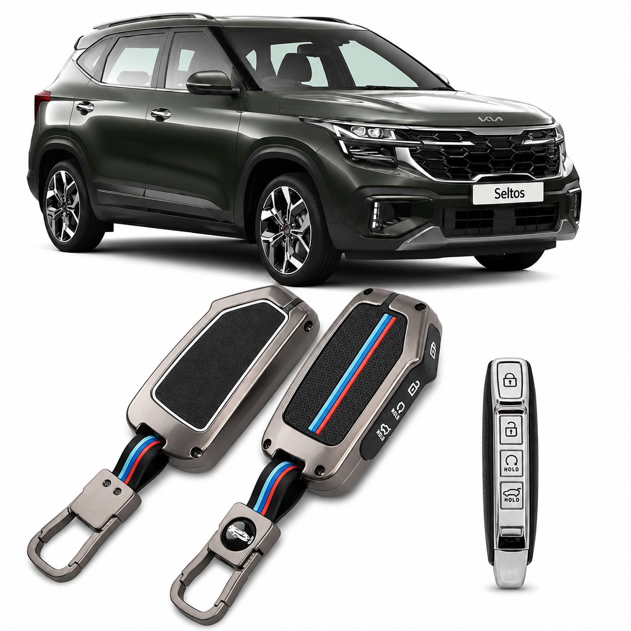 LzzyRide Premium Metal Key Cover Compatible with Kia Seltos Facelift Smart Key | 360° Full Protection | Zinc Alloy Luxury Key Case