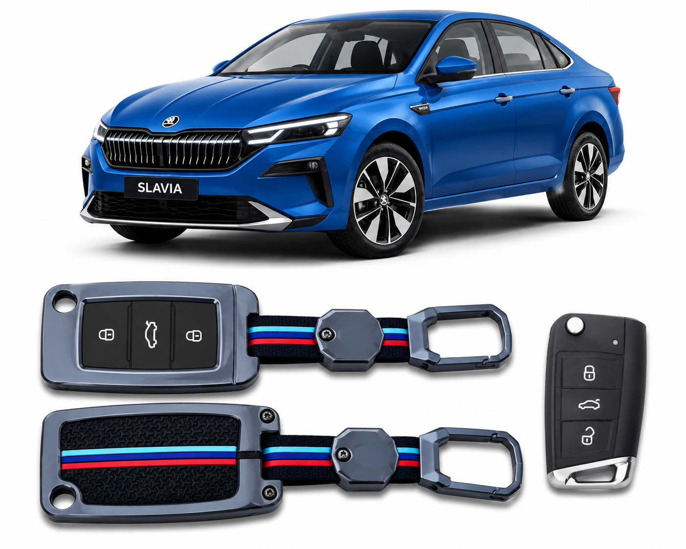 Lzzyride Premium Metal Key Cover Compatible with Skoda Slavia Facelift Smart Key | 360° Full Protection | Zinc Alloy Luxury Key Case