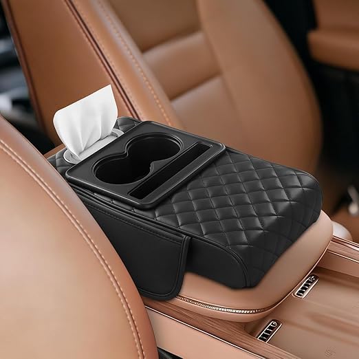 LzzyRide 5-in-1 Car Armrest Cushion – Multifunctional Faux Leather Center Console Armrest Pad with Cup Holder, Phone Slot, Tissue Box Holder & Storage Pockets