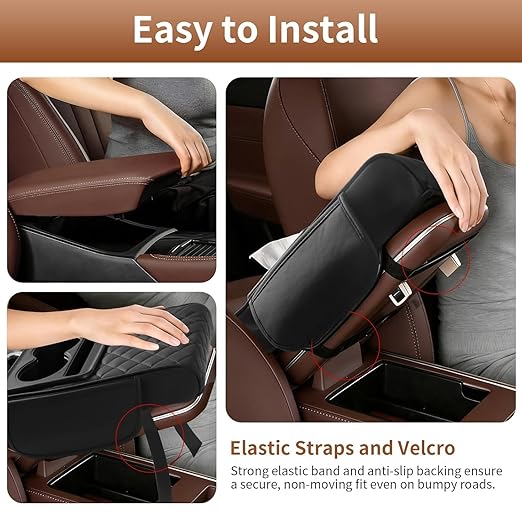 LzzyRide 5-in-1 Car Armrest Cushion – Multifunctional Faux Leather Center Console Armrest Pad with Cup Holder, Phone Slot, Tissue Box Holder & Storage Pockets