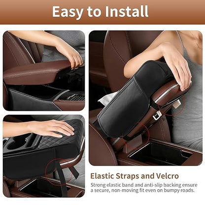 LzzyRide 5-in-1 Car Armrest Cushion – Multifunctional Faux Leather Center Console Armrest Pad with Cup Holder, Phone Slot, Tissue Box Holder & Storage Pockets
