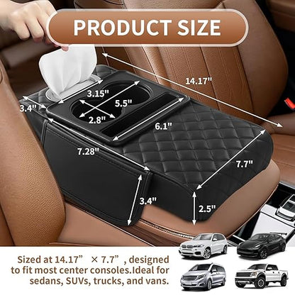 LzzyRide 5-in-1 Car Armrest Cushion – Multifunctional Faux Leather Center Console Armrest Pad with Cup Holder, Phone Slot, Tissue Box Holder & Storage Pockets