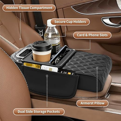 LzzyRide 5-in-1 Car Armrest Cushion – Multifunctional Faux Leather Center Console Armrest Pad with Cup Holder, Phone Slot, Tissue Box Holder & Storage Pockets