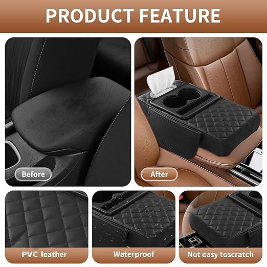 LzzyRide 5-in-1 Car Armrest Cushion – Multifunctional Faux Leather Center Console Armrest Pad with Cup Holder, Phone Slot, Tissue Box Holder & Storage Pockets