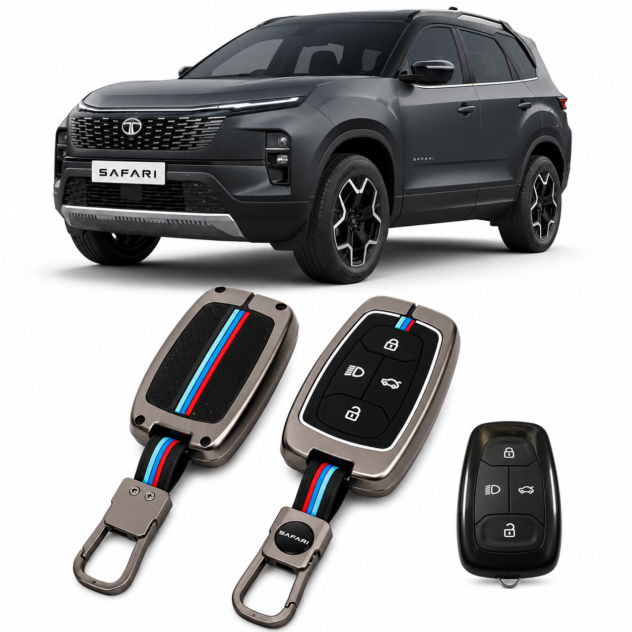 LzzyRide Premium Metal Key Cover Compatible with Tata Safari Facelift Smart Key | 360° Full Protection | Zinc Alloy Luxury Key Case