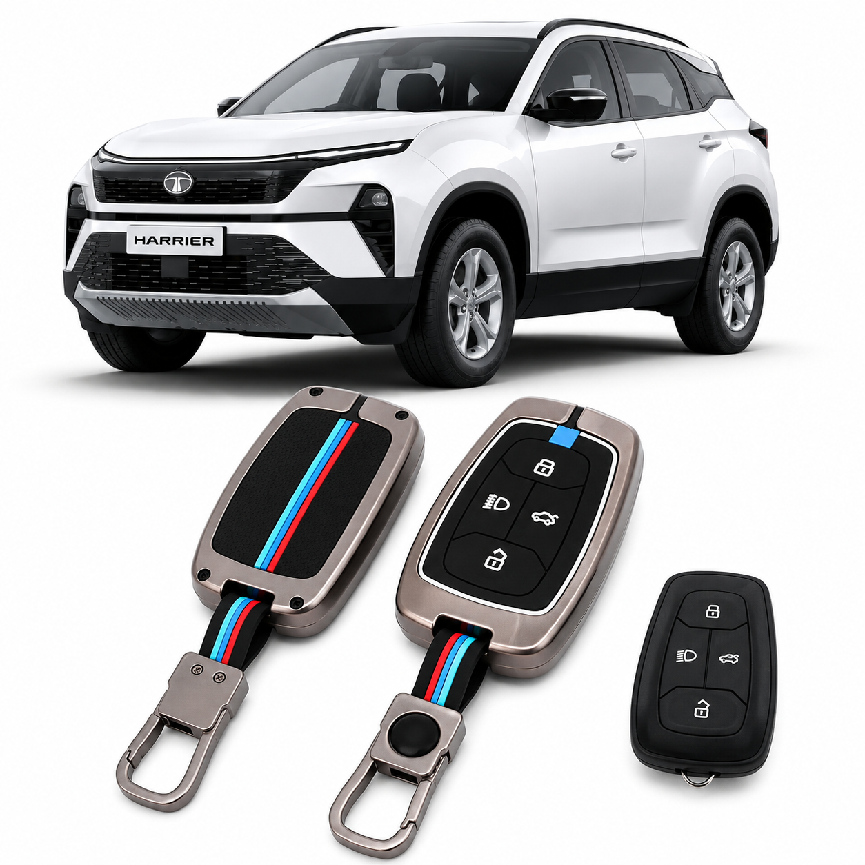 LzzyRide Premium Metal Key Cover Compatible with Tata Harrier Facelift Smart Key | 360° Full Protection | Zinc Alloy Luxury Key Case