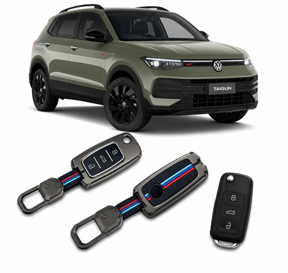 LzzyRide Premium Metal Car Key Cover Compatible with Volkswagen Taigun Facelift Smart Key (3 Button) | 360° Full Protection Zinc Alloy Key Case with Premium Keychain
