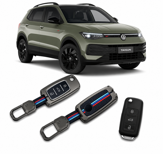 LzzyRide Premium Metal Car Key Cover Compatible with Volkswagen Taigun Facelift Smart Key (3 Button) | 360° Full Protection Zinc Alloy Key Case with Premium Keychain