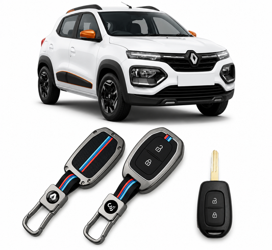 LzzyRide Premium Metal Car Key Cover Compatible with Renault Kwid Smart Key (3 Button) | 360° Full Protection Zinc Alloy Key Case with Premium Keychain
