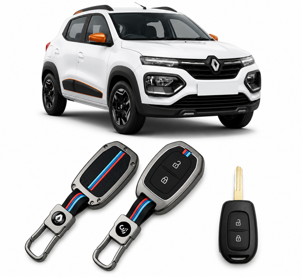 LzzyRide Premium Metal Car Key Cover Compatible with Renault Kwid Smart Key (3 Button) | 360° Full Protection Zinc Alloy Key Case with Premium Keychain