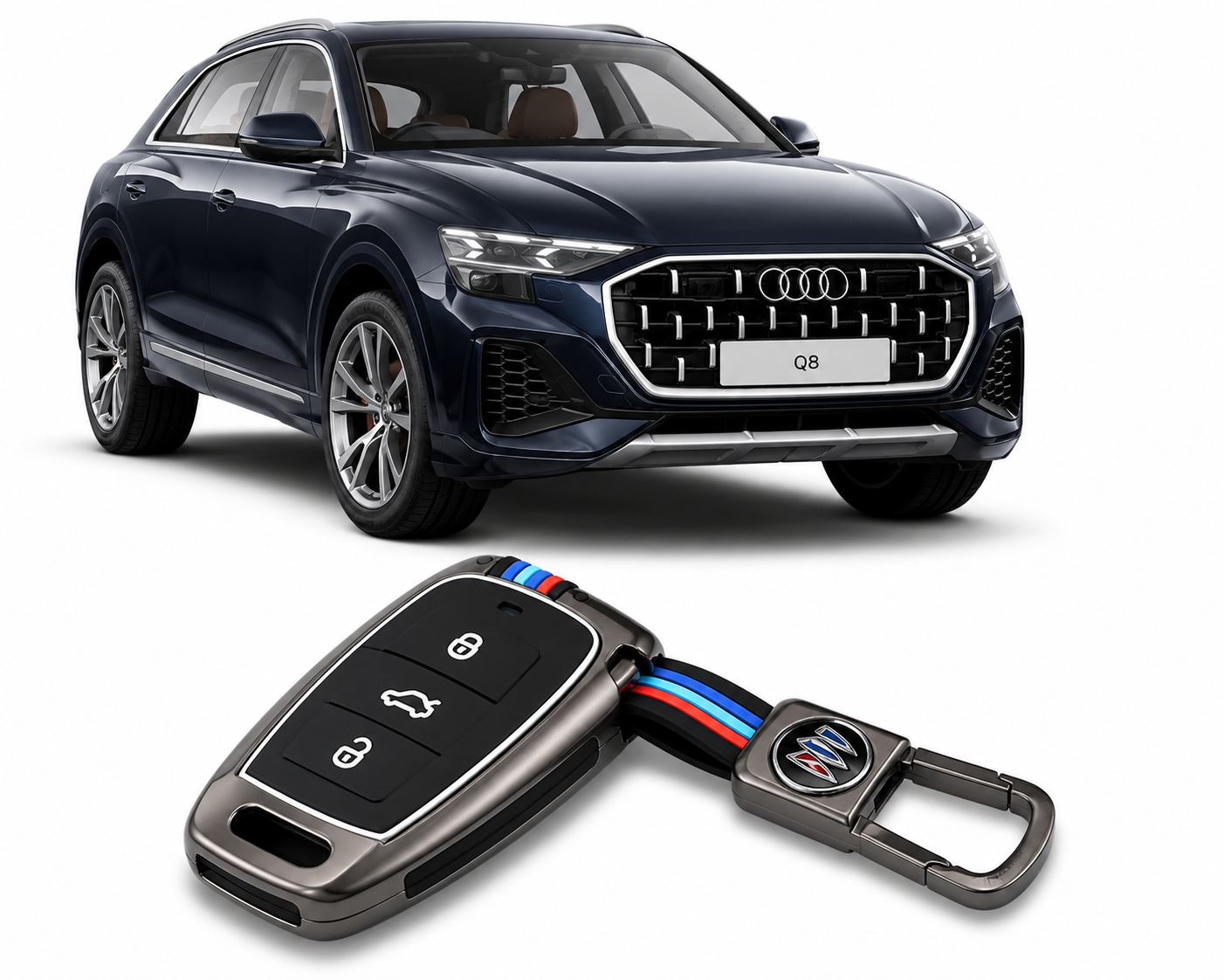 LzzyRide Premium Metal Key Cover Compatible with Audi Q8 Facelift Smart Key | 360° Full Protection | Zinc Alloy Luxury Key Case